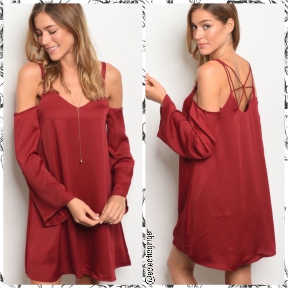 Red satin strappy back long sleeve cold shoulder dress S M L